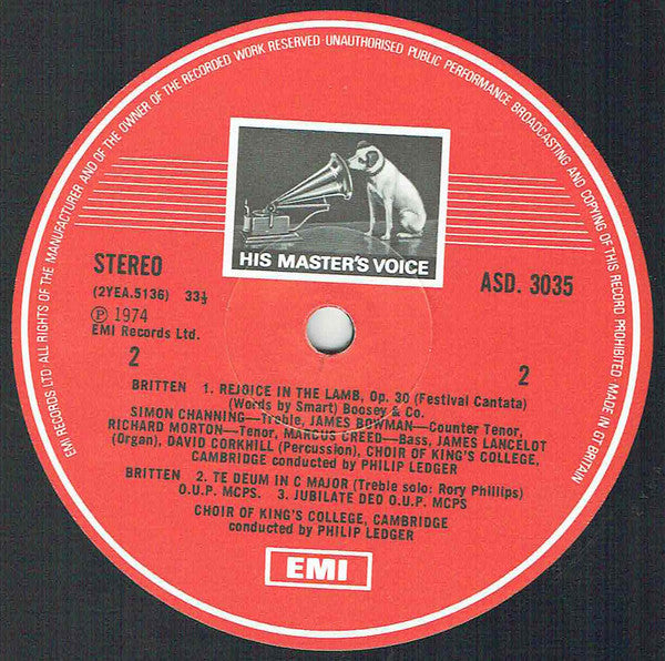 Benjamin Britten & Leonard Bernstein / The King's College Choir Of Cambridge Conducted By Philip Ledger : Rejoice In The Lamb / Chichester Psalms (LP)