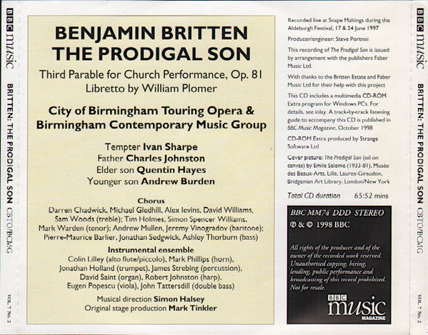 Benjamin Britten - City Of Birmingham Touring Opera & Birmingham Contemporary Music Group : The Prodigal Son (CD, Enh)