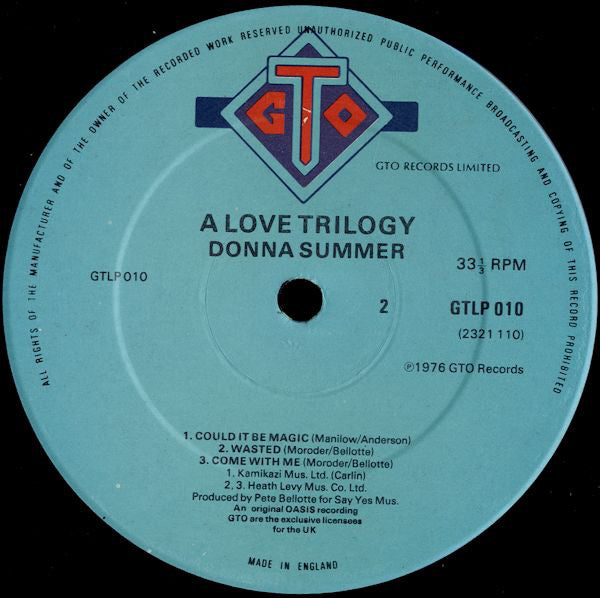 Donna Summer : A Love Trilogy (LP, Album, P/Mixed, RP)