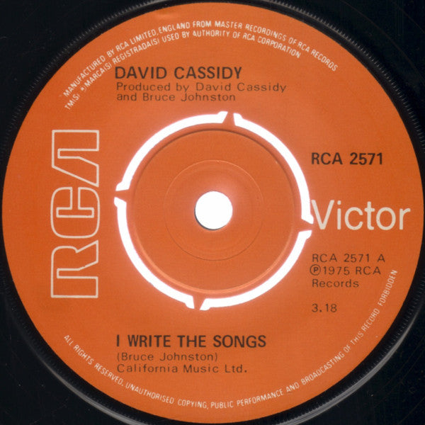 David Cassidy : I Write The Songs (7", Single, Pus)