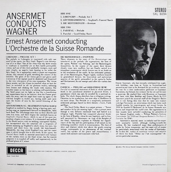 Ernest Ansermet Conducting L'Orchestre De La Suisse Romande : Ansermet Conducts Wagner (LP)