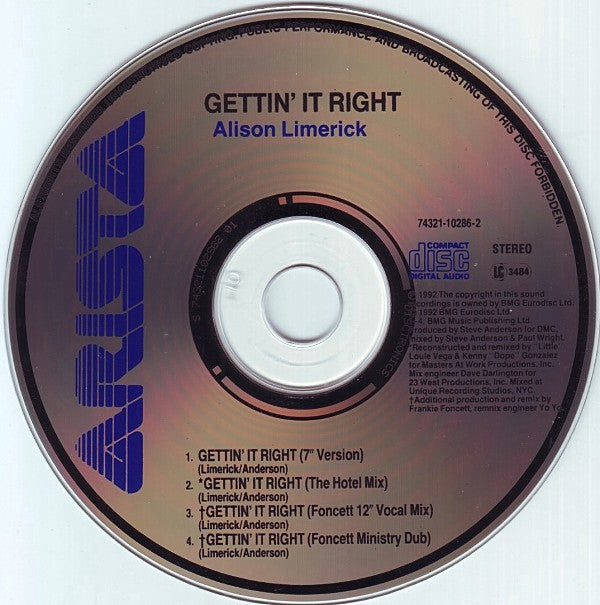 Alison Limerick : Gettin' It Right (CD, Single)
