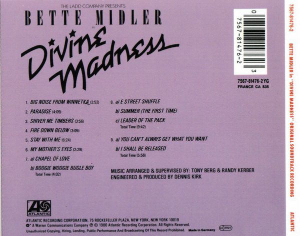 Bette Midler : Divine Madness (original soundtrack recording) (CD, Album, RE)