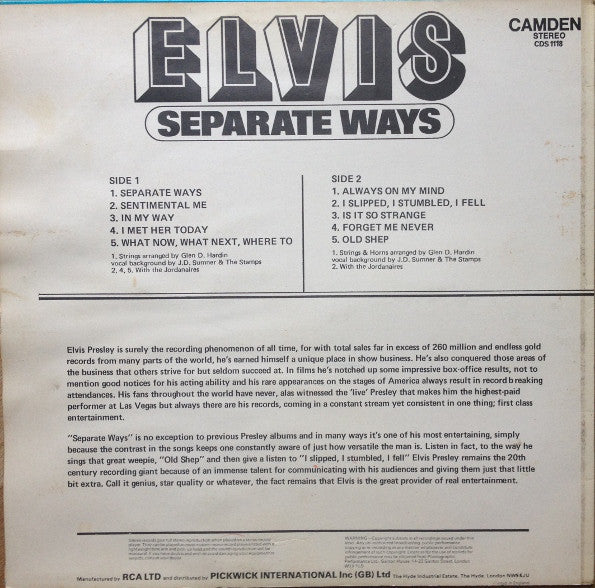 Elvis* : Separate Ways (LP, Album, RE)