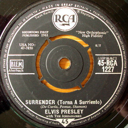 Elvis Presley With The Jordanaires : Surrender (Torna A Surriento) (7", Single)