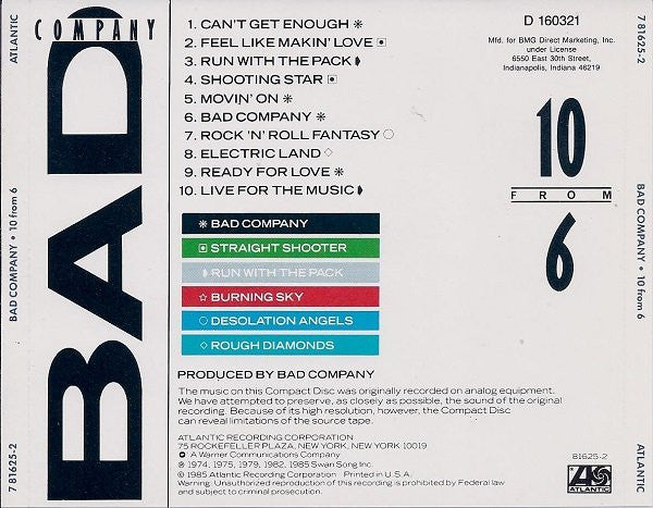 Bad Company (3) : 10 From 6 (CD, Comp, Club, RE)