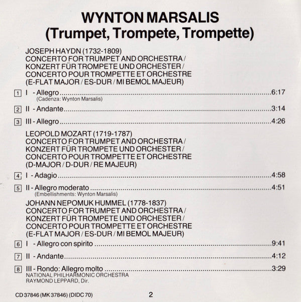 Joseph Haydn • Johann Nepomuk Hummel • Leopold Mozart, Wynton Marsalis, National Philharmonic Orchestra, Raymond Leppard : Trumpet Concertos (CD)
