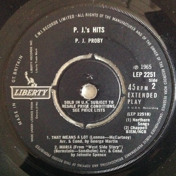 P.J. Proby : P.J.'s Hits (7", EP, Mono)