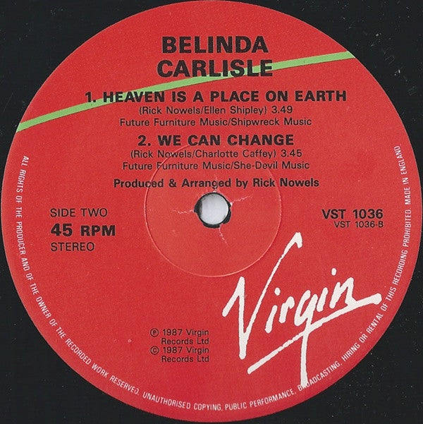 Belinda Carlisle : Heaven Is A Place On Earth (12", Single, Red)