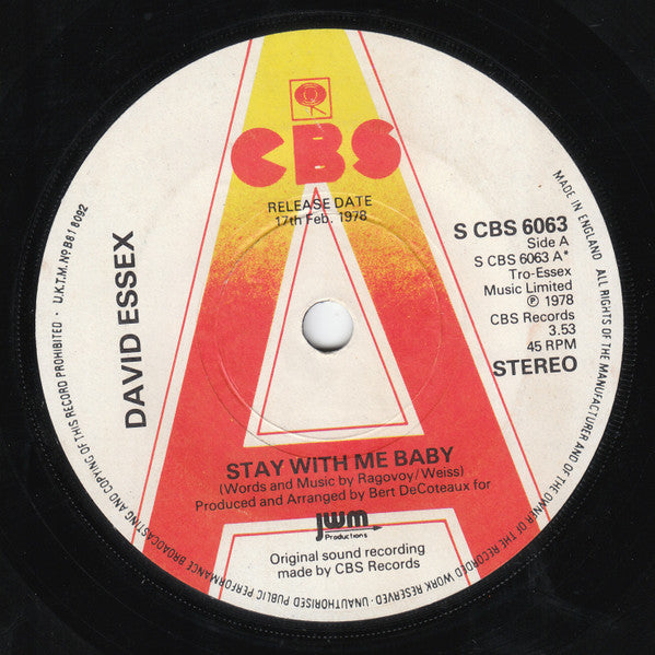 David Essex : Stay With Me Baby (7", Single, Promo)