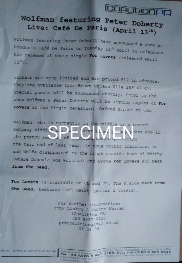 Wolfman (3) Featuring Pete Doherty : For Lovers (CD, Single, Enh)
