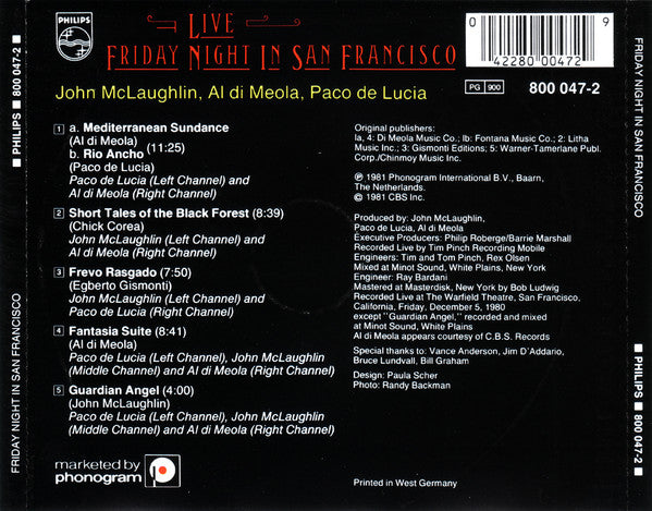 John McLaughlin, Al Di Meola, Paco De Lucía : Friday Night In San Francisco (CD, Album, RE)