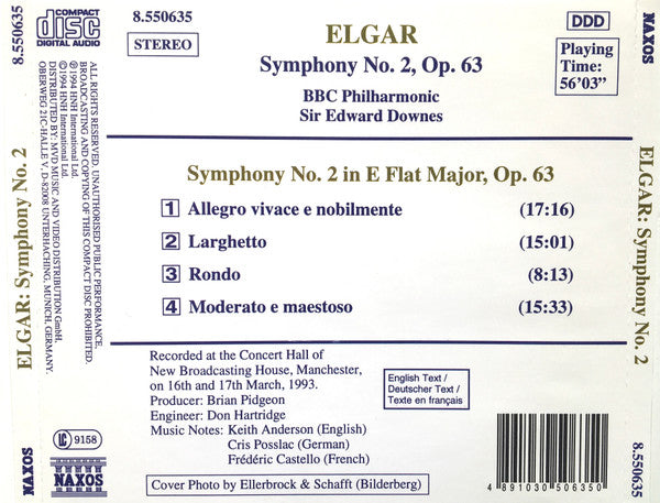 Sir Edward Elgar, BBC Philharmonic, Edward Downes : Symphony No. 2, Op. 63 (CD, Album)