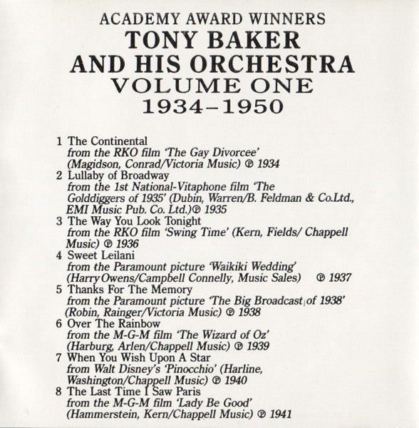 Tony Baker And His Orchestra : Academy Award Winners (Volume One 1934–1950) (CD)