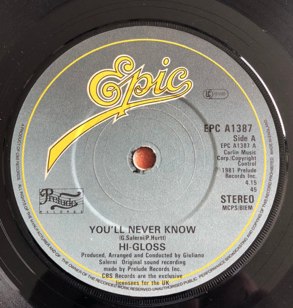 Hi-Gloss : You'll Never Know (7", Single, Pap)