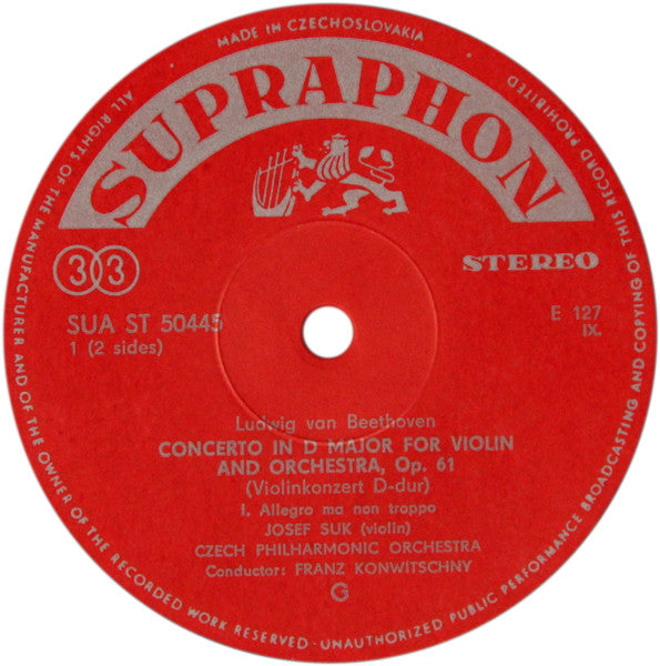 Ludwig van Beethoven - Josef Suk, The Czech Philharmonic Orchestra, Franz Konwitschny : Violin Concerto In D Major, Op. 61 (LP)
