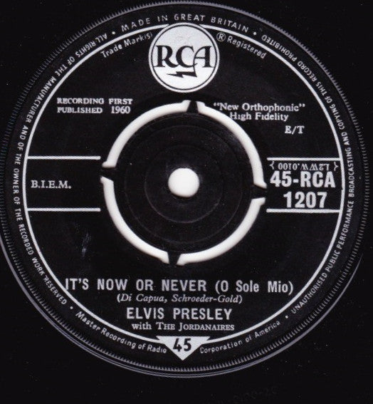 Elvis Presley With The Jordanaires : It's Now Or Never (O Sole Mio) (7", Single)