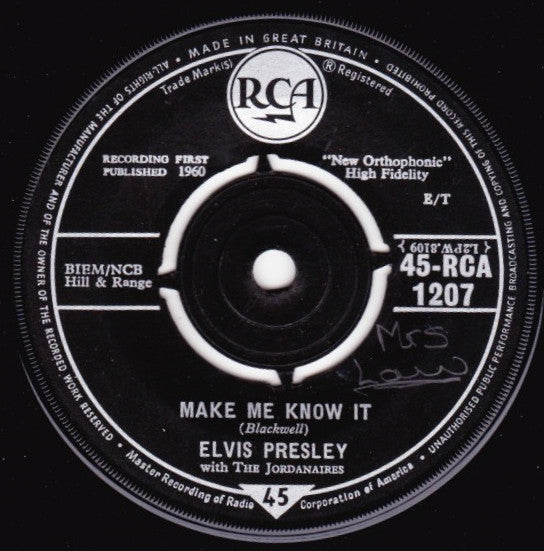 Elvis Presley With The Jordanaires : It's Now Or Never (O Sole Mio) (7", Single)