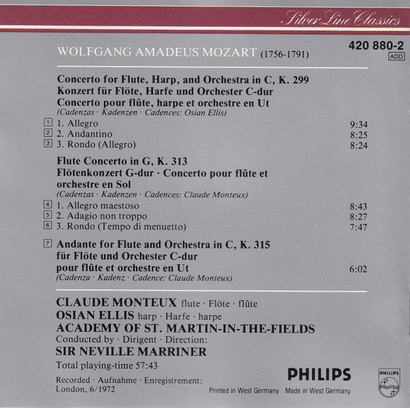 Wolfgang Amadeus Mozart / The Academy Of St. Martin-in-the-Fields, Sir Neville Marriner, Claude Monteux, Osian Ellis : Flute Concerto / Concerto For Flute And Harp (CD, Album, RE, RM)