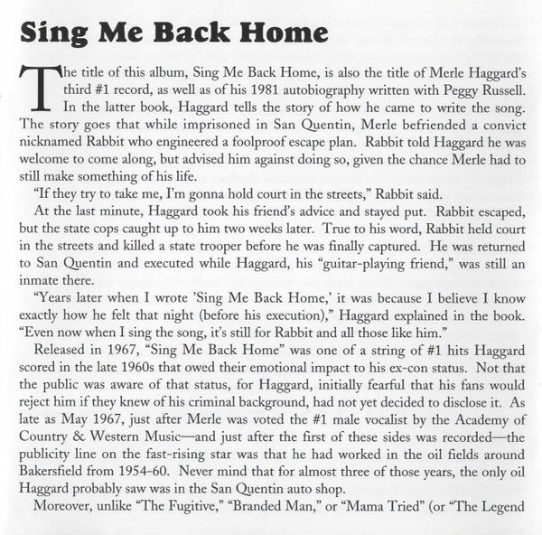 Merle Haggard And The Strangers (5) : Sing Me Back Home (CD, Album, RE)
