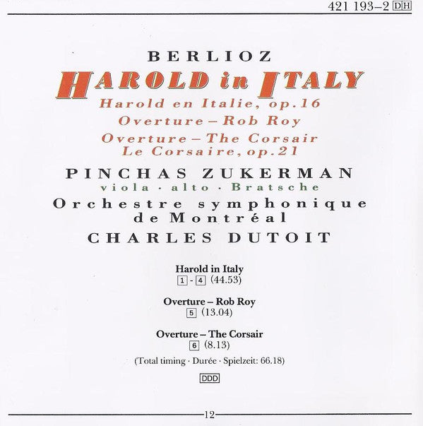 Hector Berlioz - Pinchas Zukerman, Charles Dutoit, Orchestre symphonique de Montréal : Harold In Italy • Rob Roy • Le Corsaire (CD, RE)
