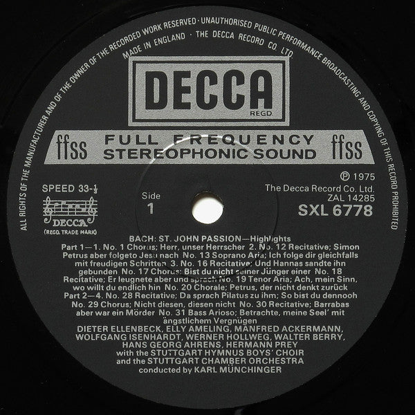 Johann Sebastian Bach, Elly Ameling, Julia Hamari, Dieter Ellenbeck, Werner Hollweg, Walter Berry, Hermann Prey, Karl Münchinger : St. John Passion - Highlights (LP)