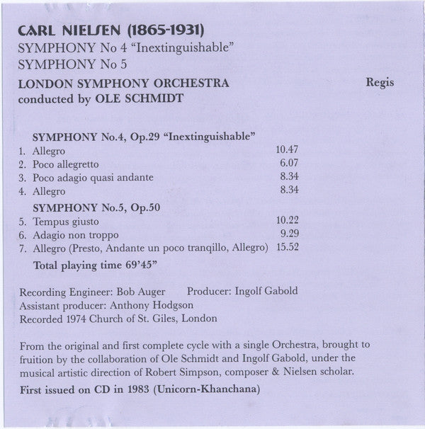 Carl Nielsen, London Symphony Orchestra, Ole Schmidt : Symphonies 4 ("Inextinguishable") & 5 (CD, Comp)