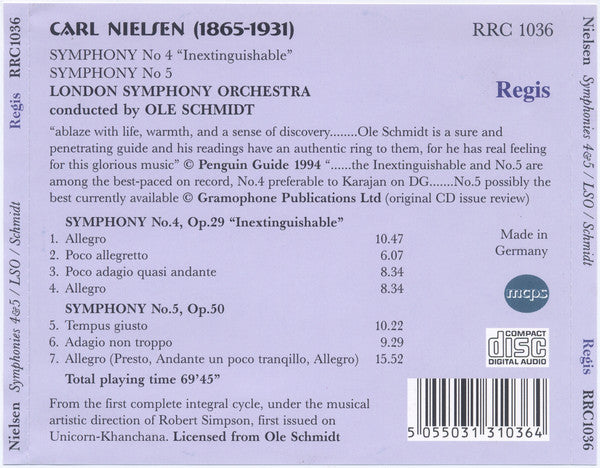 Carl Nielsen, London Symphony Orchestra, Ole Schmidt : Symphonies 4 ("Inextinguishable") & 5 (CD, Comp)