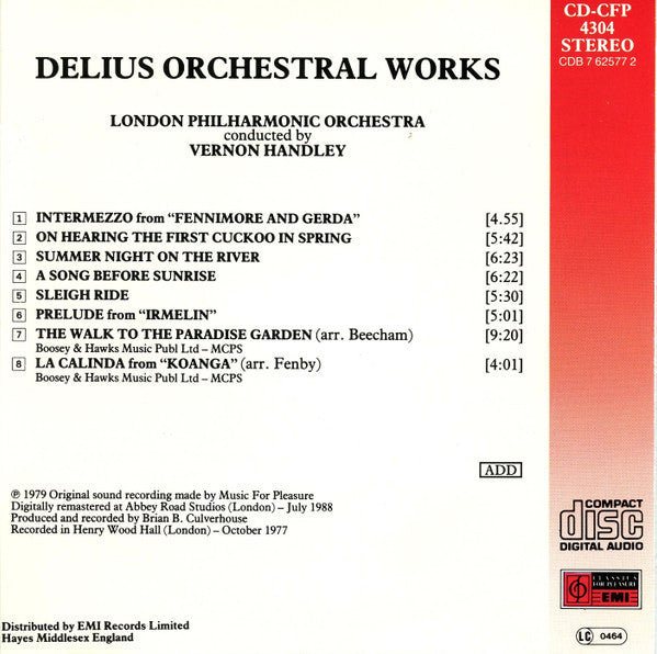 Frederick Delius, London Philharmonic Orchestra, Vernon Handley : Orchestral Works (CD, Album, RM)