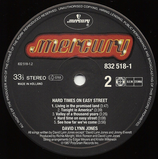 David Lynn Jones : Hard Times On Easy Street (LP, Album)