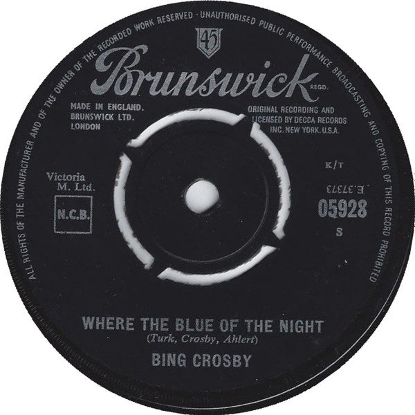 Bing Crosby : Where The Blue Of The Night (7", Single)