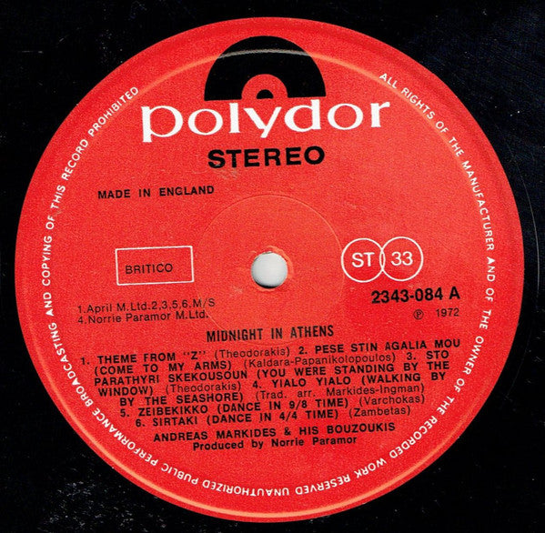 Andreas Markides And His Bouzoukis : Midnight In Athens (LP, Album)