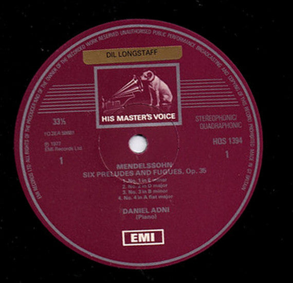 Felix Mendelssohn-Bartholdy, Daniel Adni : Preludes & Fugues Op. 35 / Three Etudes Op. 104 (LP, Quad)