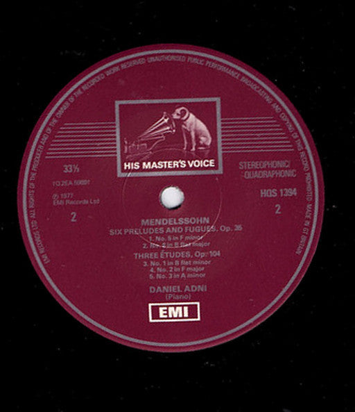 Felix Mendelssohn-Bartholdy, Daniel Adni : Preludes & Fugues Op. 35 / Three Etudes Op. 104 (LP, Quad)