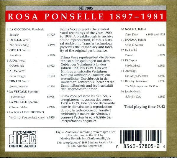 Rosa Ponselle - Ponselle (CD) (Near Mint (NM Or M-)) - DaddyPop