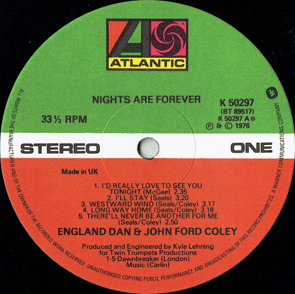 England Dan & John Ford Coley : Nights Are Forever (LP, Album)