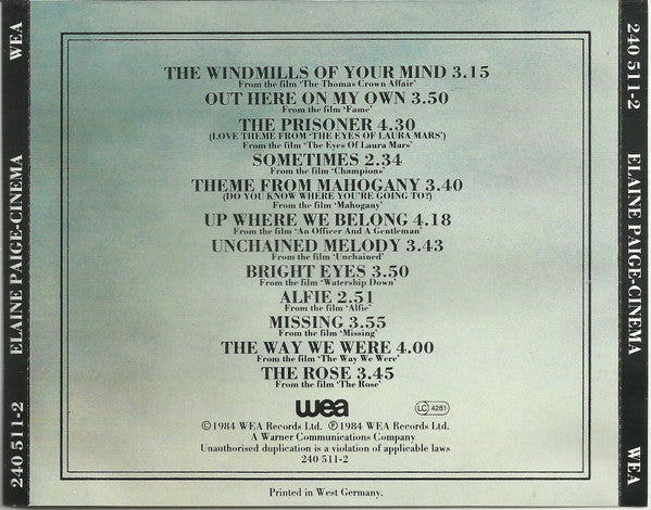 Elaine Paige : Cinema (CD, Album)