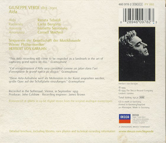 Giuseppe Verdi / Renata Tebaldi, Carlo Bergonzi, Giulietta Simionato, Wiener Philharmoniker, Herbert von Karajan : Aida (2xCD, Album, RE, RM)