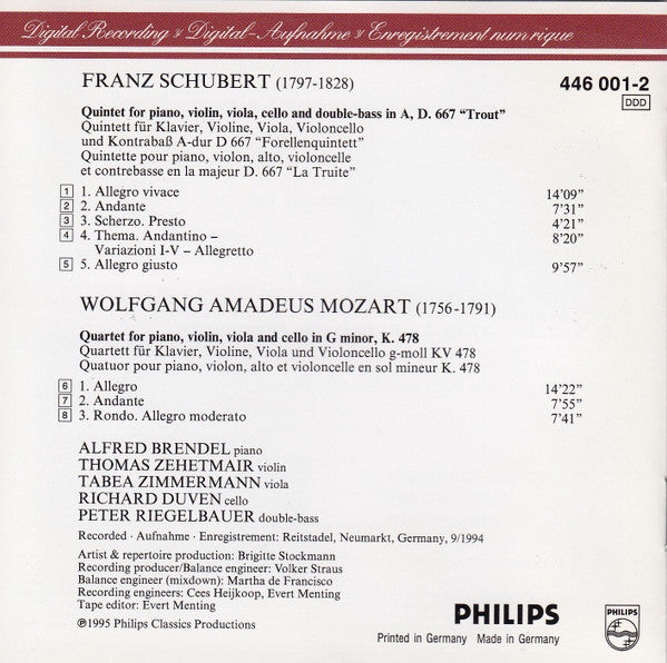 Franz Schubert / Wolfgang Amadeus Mozart - Alfred Brendel · Thomas Zehetmair · Tabea Zimmermann · Richard Duven · Peter Riegelbauer : Forellenquintett = The Trout = La Truite = La Trota / Piano Quartet In G Minor (CD, Album, PMD)