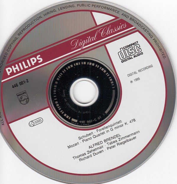 Franz Schubert / Wolfgang Amadeus Mozart - Alfred Brendel · Thomas Zehetmair · Tabea Zimmermann · Richard Duven · Peter Riegelbauer : Forellenquintett = The Trout = La Truite = La Trota / Piano Quartet In G Minor (CD, Album, PMD)
