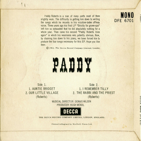 Paddy Roberts (2) : Paddy (7", EP, Mono)