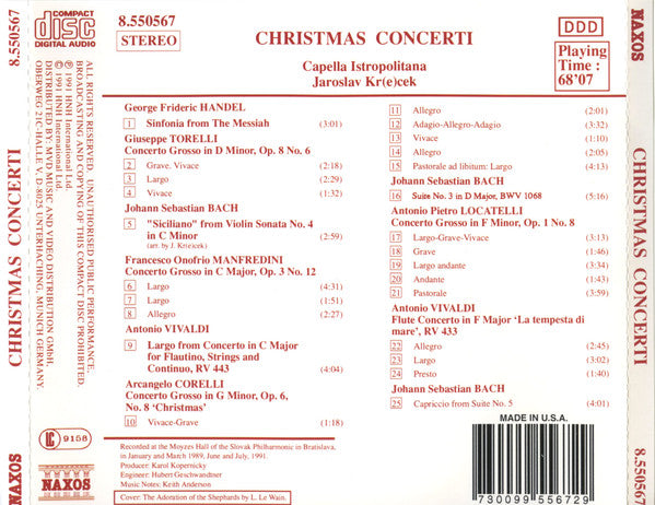 Arcangelo Corelli, Francesco Manfredini, Johann Sebastian Bach, Antonio Vivaldi, Pietro Antonio Locatelli, Giuseppe Torelli, Georg Friedrich Hndel, Capella Istropolitana, Jaroslav Krek - Christmas Concerti (CD) (Very Good Plus (VG)) - DaddyPop