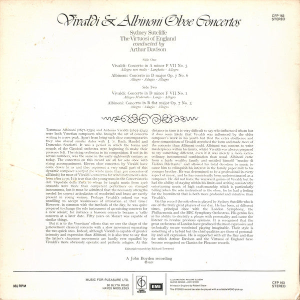 Antonio Vivaldi / Tomaso Albinoni - Sidney Sutcliffe, The Virtuosi Of England Conducted By Arthur Davison : Oboe Concertos (LP, RP)
