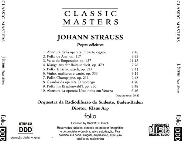 Johann Strauss Jr., Rundfunkorchester Des Südwestfunks, Klaus Arp : Peças Célebres (CD, Album)
