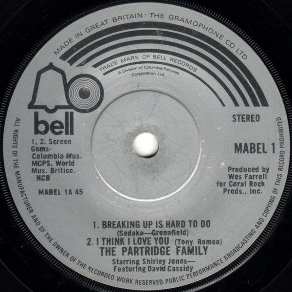 The Partridge Family Starring Shirley Jones (2) Featuring David Cassidy : Breaking Up Is Hard To Do (7", Maxi)