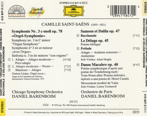 Camille Saint-Saëns, Chicago Symphony Orchestra, Orchestre De Paris, Daniel Barenboim : Symphonie Nr.3 »Orgel-Symphonie« / Danse Macabre / Bacchanale / Le Déluge (CD, Comp, RM)