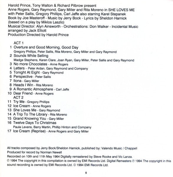 Jerry Bock, Sheldon Harnick - Anne Rogers, Gary Raymond, Gary Miller (2), Rita Moreno : She Loves Me  (CD, RE, RM)