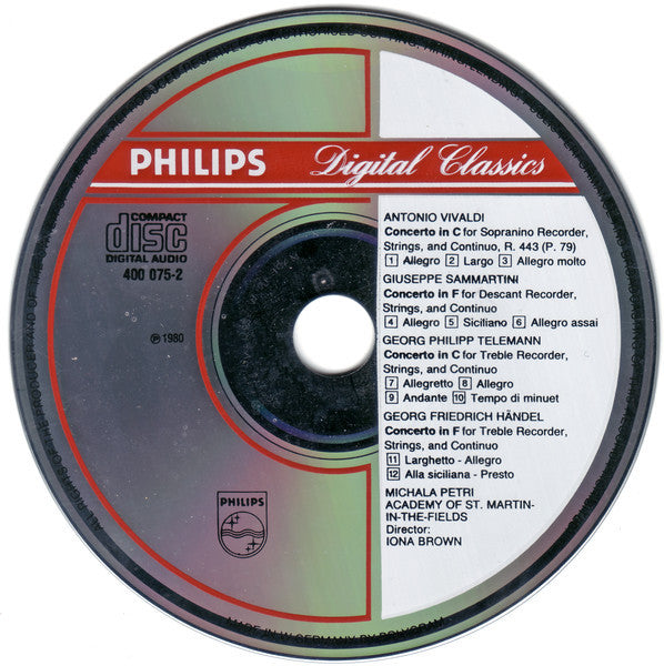 Antonio Vivaldi, Giuseppe Sammartini, Georg Philipp Telemann, Georg Friedrich Händel / Michala Petri, The Academy Of St. Martin-in-the-Fields, Iona Brown : Recorder Concertos = Blockflötenkonzerte = Concertos Pour Flûte A Bec (CD, RE)
