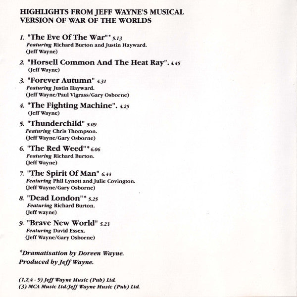 Jeff Wayne : Highlights From Jeff Wayne's Musical Version Of The War Of The Worlds (CD, Album, RE)