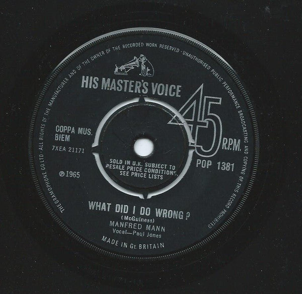 Manfred Mann : Come Tomorrow / What Did I Do Wrong ? (7", Single, Mono)